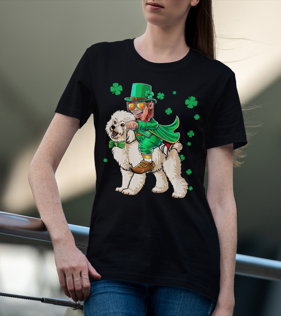 Leprechaun Riding Bichon Frise With Shamrock St. Pat's Day Charm T-Shirt