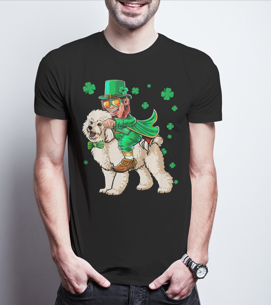 Leprechaun Riding Bichon Frise With Shamrock St. Pat's Day Charm T-Shirt