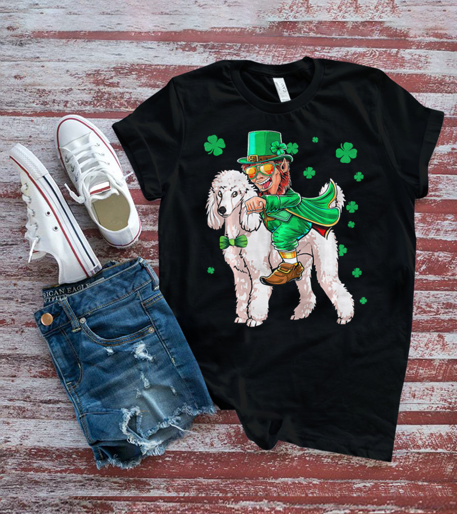 Leprechaun Riding Poodle With Shamrocks St. Patrick's Day T-Shirt