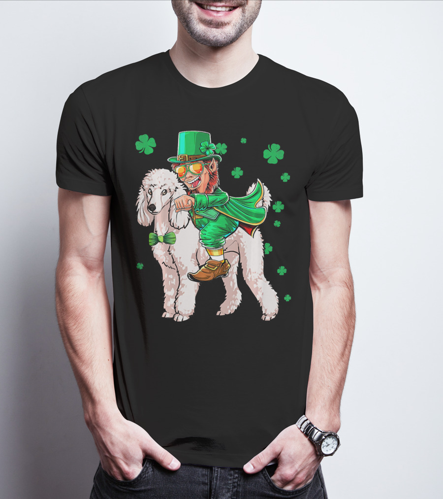 Leprechaun Riding Poodle With Shamrocks St. Patrick's Day T-Shirt