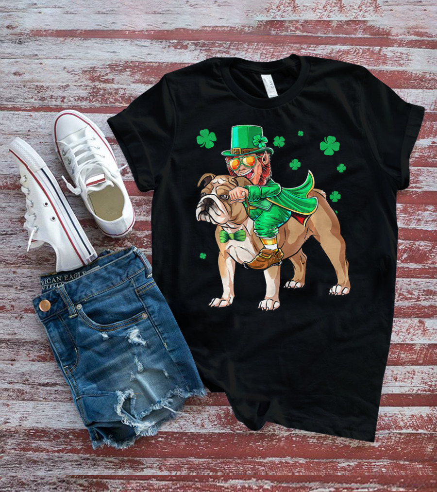 Leprechaun Riding English Bulldog With Shamrocks T-Shirt