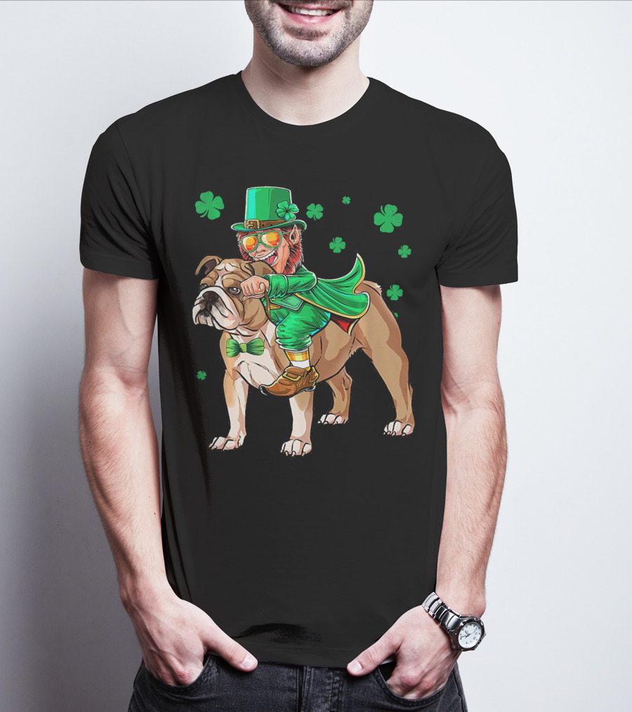 Leprechaun Riding English Bulldog With Shamrocks T-Shirt