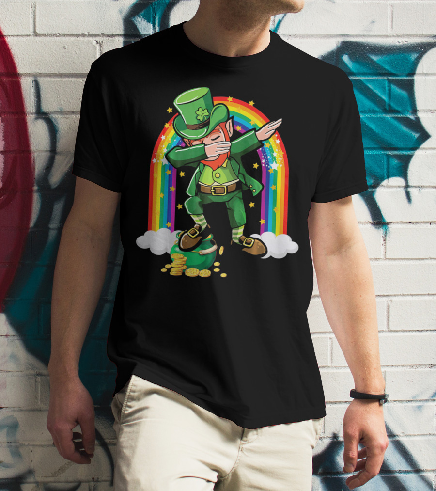 St Patricks Day Leprechaun Dabbing With Rainbow And Gold Coins T-Shirt