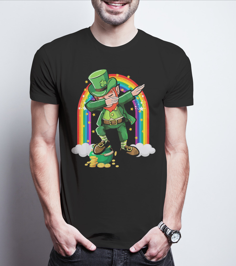 St Patricks Day Leprechaun Dabbing With Rainbow And Gold Coins T-Shirt