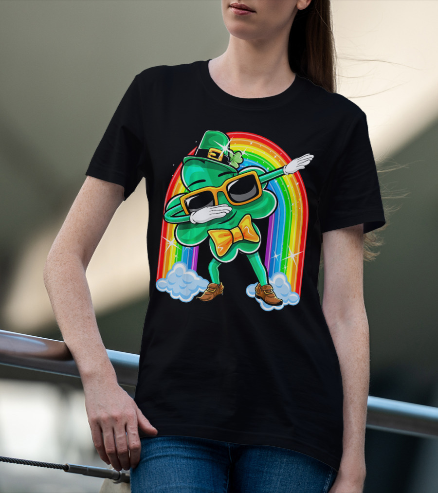 Dabbing St. Patricks Day Shamrock Leprechaun With Rainbow T-Shirt