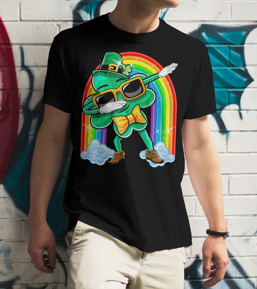 Dabbing St. Patricks Day Shamrock Leprechaun With Rainbow T-Shirt