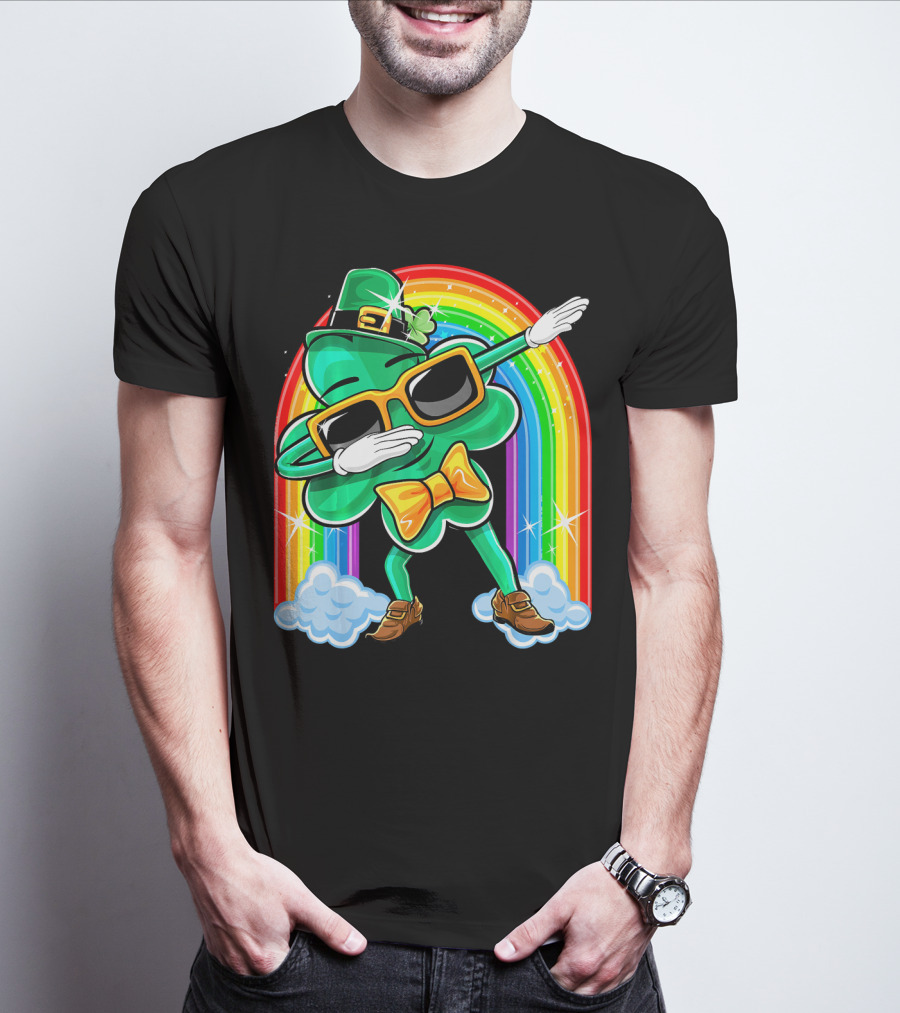 Dabbing St. Patricks Day Shamrock Leprechaun With Rainbow T-Shirt