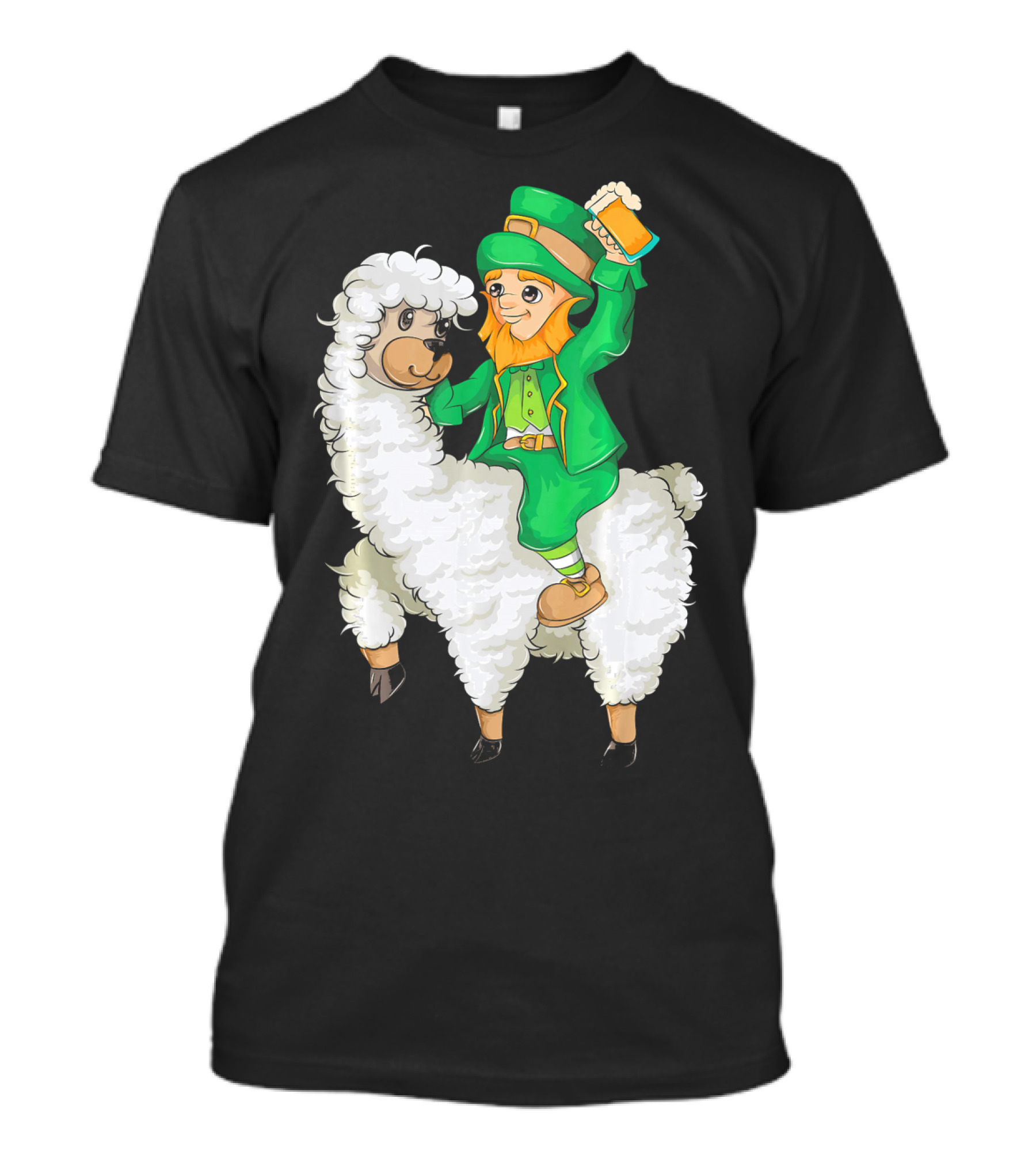 Leprechaun In Green Suit Riding White Fluffy Llama With Beer On St. Patrick's Day T-Shirt