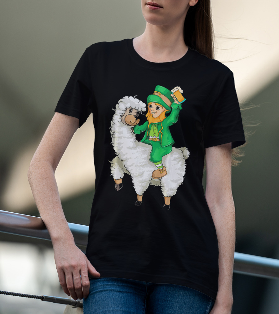 Leprechaun In Green Suit Riding White Fluffy Llama With Beer On St. Patrick's Day T-Shirt