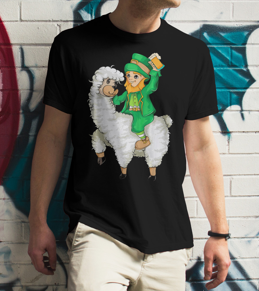 Leprechaun In Green Suit Riding White Fluffy Llama With Beer On St. Patrick's Day T-Shirt