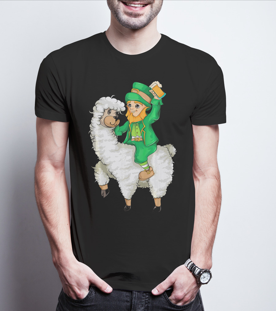 Leprechaun In Green Suit Riding White Fluffy Llama With Beer On St. Patrick's Day T-Shirt