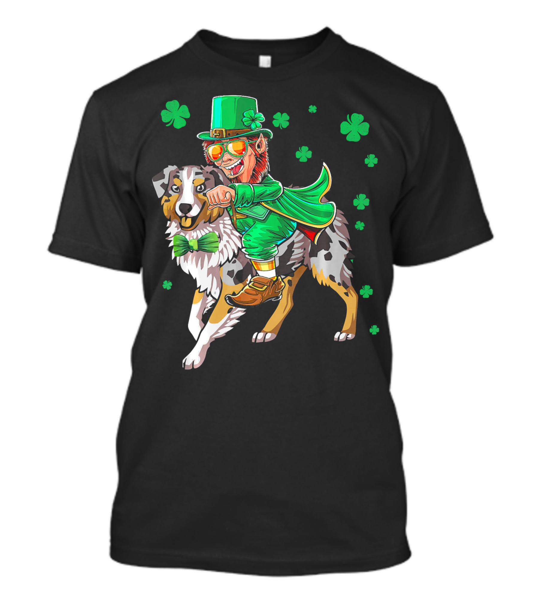Leprechaun Riding Australian Shepherd With Shamrock Bow Tie And Clover Background T-Shirt
