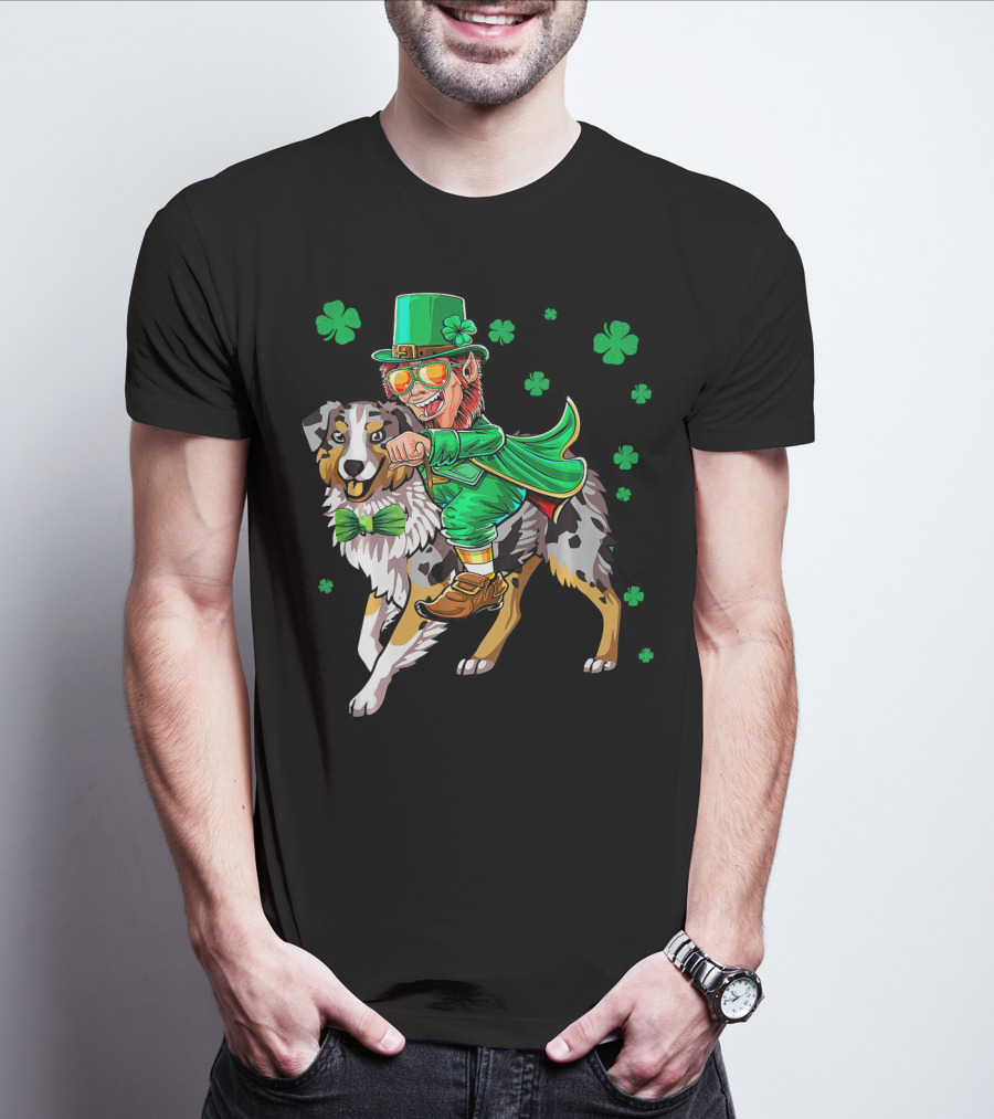 Leprechaun Riding Australian Shepherd With Shamrock Bow Tie And Clover Background T-Shirt