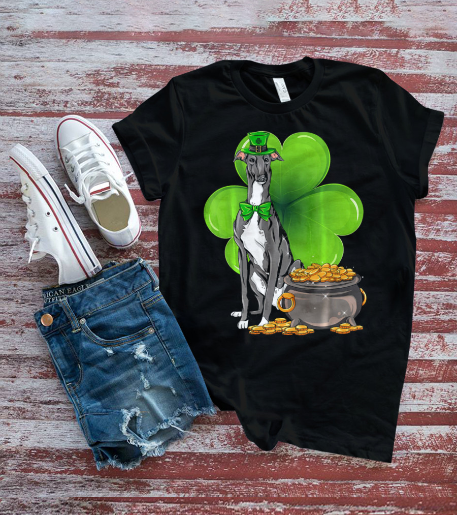 Greyhound St Patricks Day Leprechaun Dog With Shamrock And Pot Of Gold T-Shirt