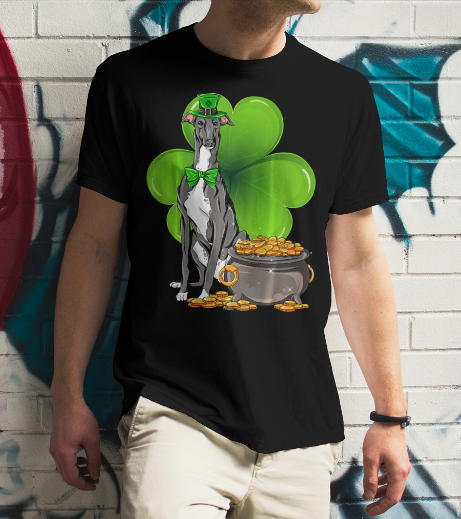 Greyhound St Patricks Day Leprechaun Dog With Shamrock And Pot Of Gold T-Shirt