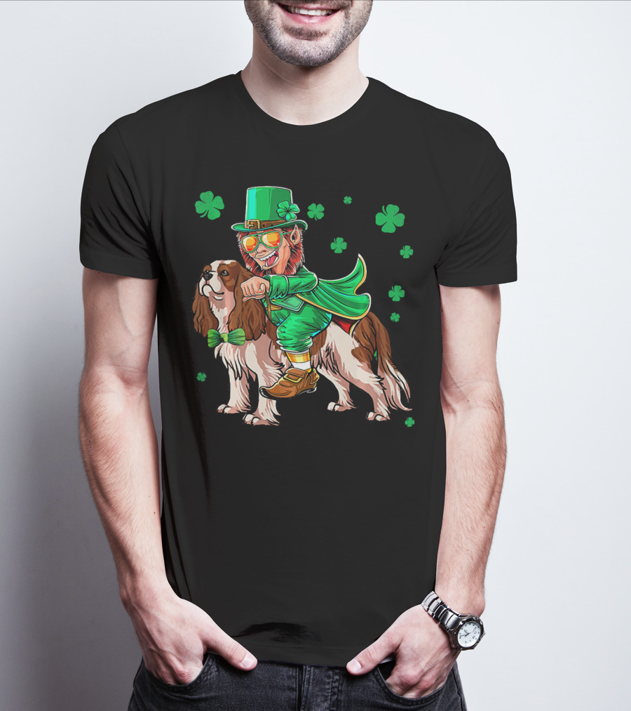 Leprechaun Riding Cavalier King Charles Spaniel With Shamrocks T-Shirt