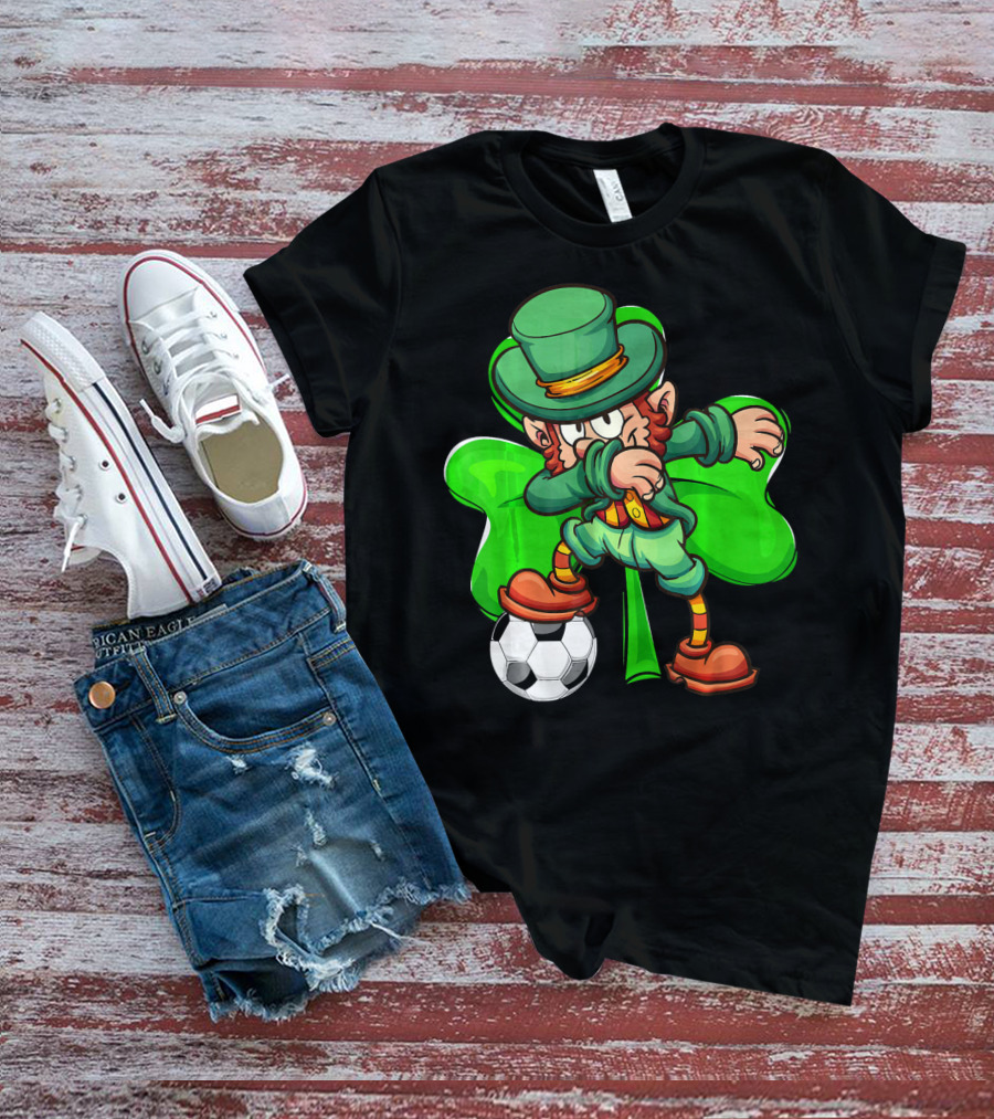 Dabbing Leprechaun Kicking Soccer Ball With Shamrock Background T-Shirt