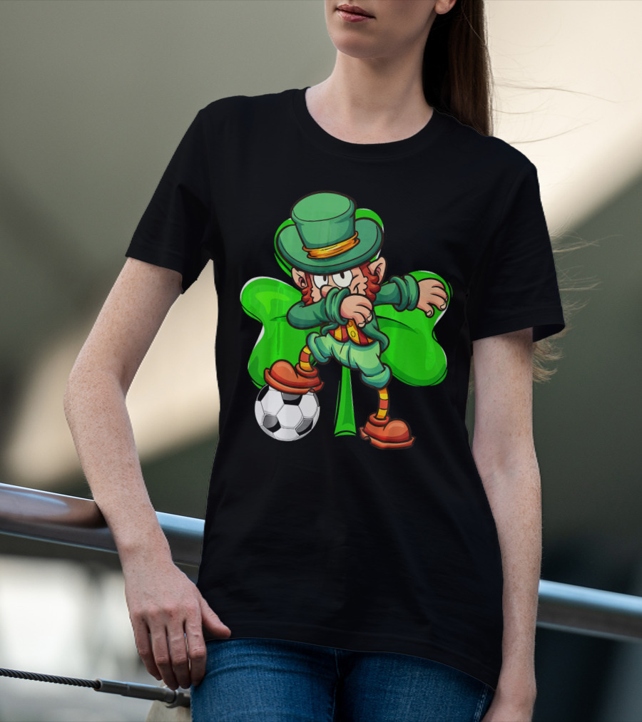 Dabbing Leprechaun Kicking Soccer Ball With Shamrock Background T-Shirt
