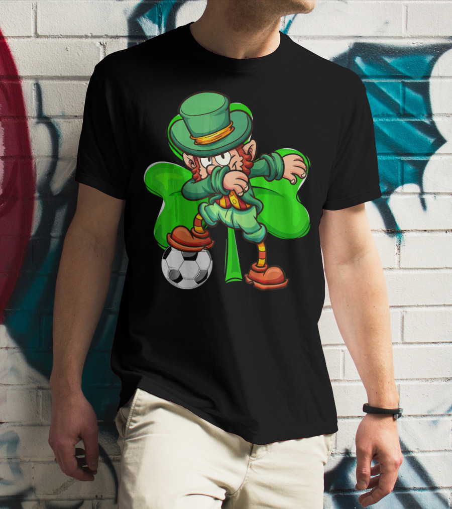 Dabbing Leprechaun Kicking Soccer Ball With Shamrock Background T-Shirt