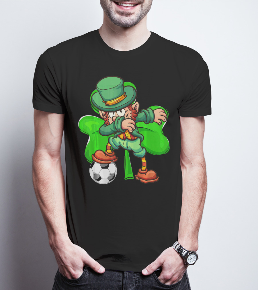 Dabbing Leprechaun Kicking Soccer Ball With Shamrock Background T-Shirt