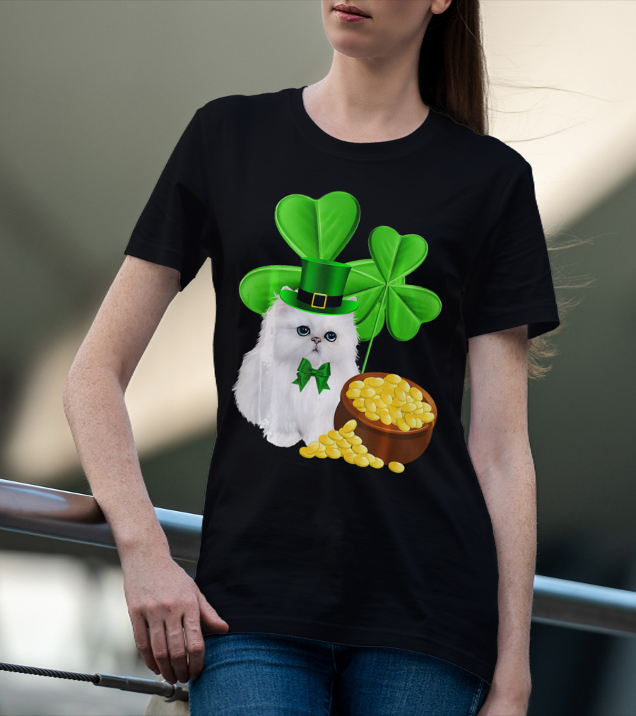 Persian Cat With Leprechaun Hat And Shamrocks St Patricks Day T-Shirt