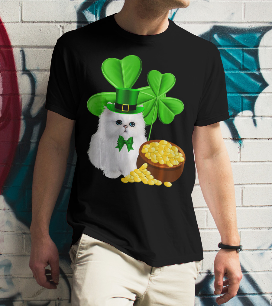 Persian Cat With Leprechaun Hat And Shamrocks St Patricks Day T-Shirt
