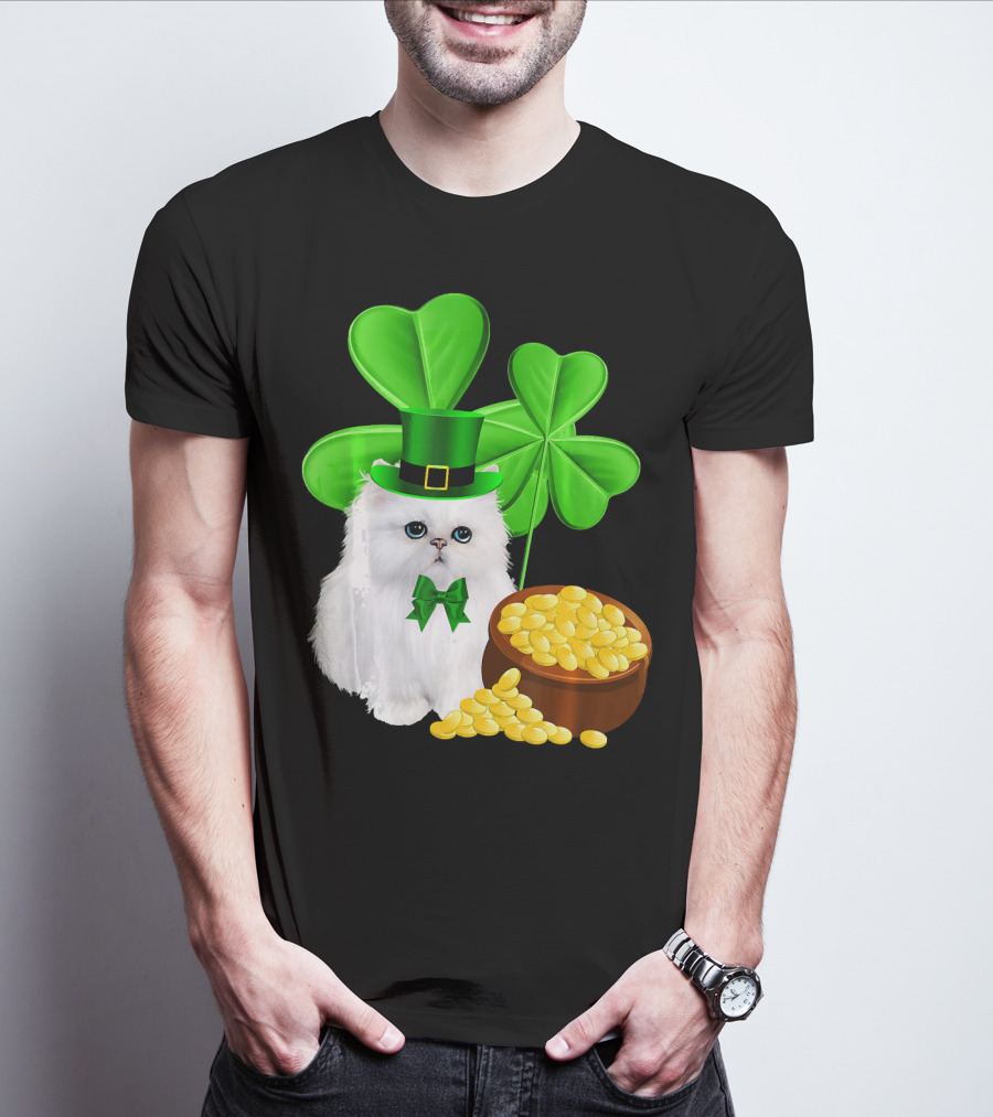 Persian Cat With Leprechaun Hat And Shamrocks St Patricks Day T-Shirt