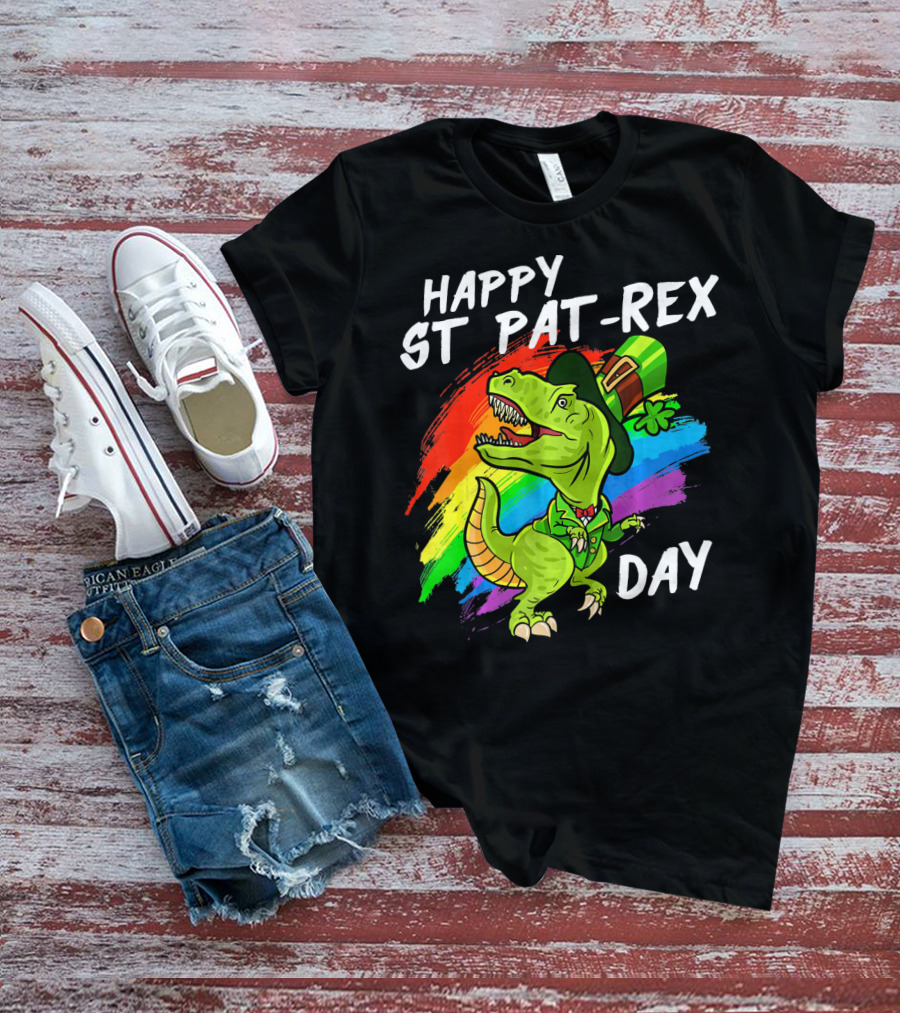 Happy St Pat Rex Day Cute St Patrick Dinosaur Rainbow T-Shirt