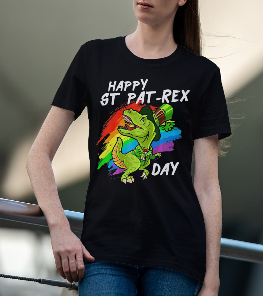 Happy St Pat Rex Day Cute St Patrick Dinosaur Rainbow T-Shirt