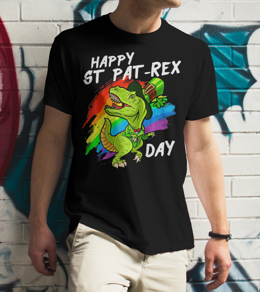 Happy St Pat Rex Day Cute St Patrick Dinosaur Rainbow T-Shirt