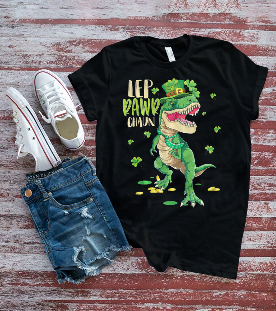 Leprawrchaun St. Patrick's Day Dinosaur With Shamrocks And Gold Coins T-Shirt