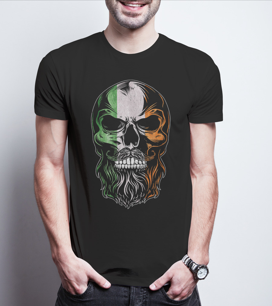 Irish Flag Bearded Skull St Patric St Patrick's Day T-Shirt