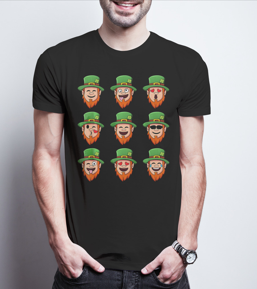 Leprechaun Emoji Faces With Various Expressions In Green Hat And Orange Beard T-Shirt
