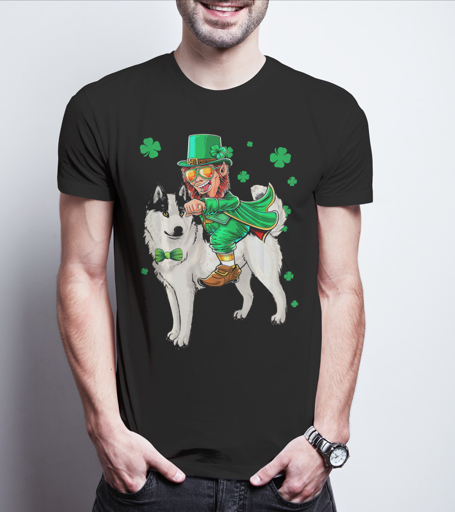 Leprechaun Riding Siberian Husky With Shamrock Bow Tie And Clover Background T-Shirt