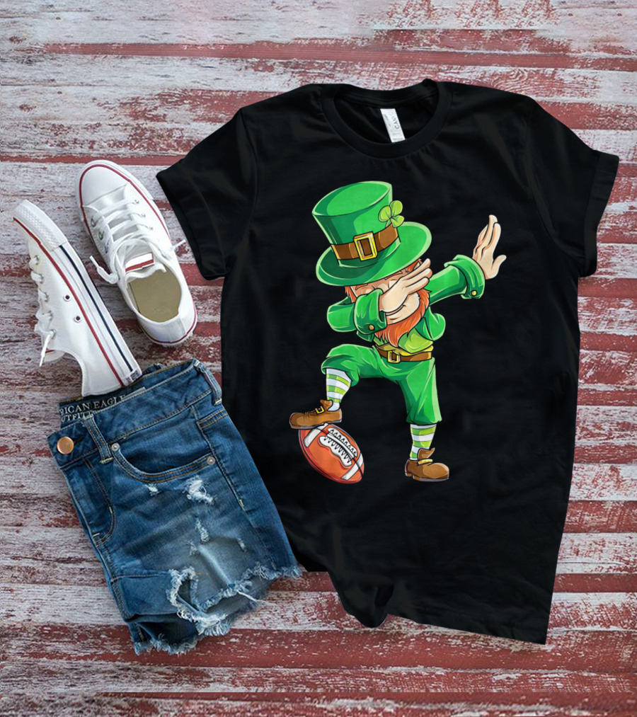 Leprechaun Dabbing On Football With Green Hat And Orange Beard T-Shirt