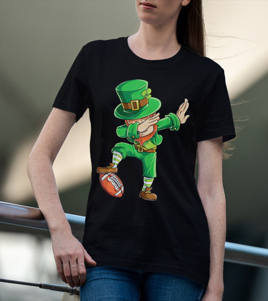 Leprechaun Dabbing On Football With Green Hat And Orange Beard T-Shirt