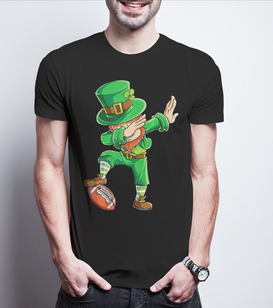 Leprechaun Dabbing On Football With Green Hat And Orange Beard T-Shirt