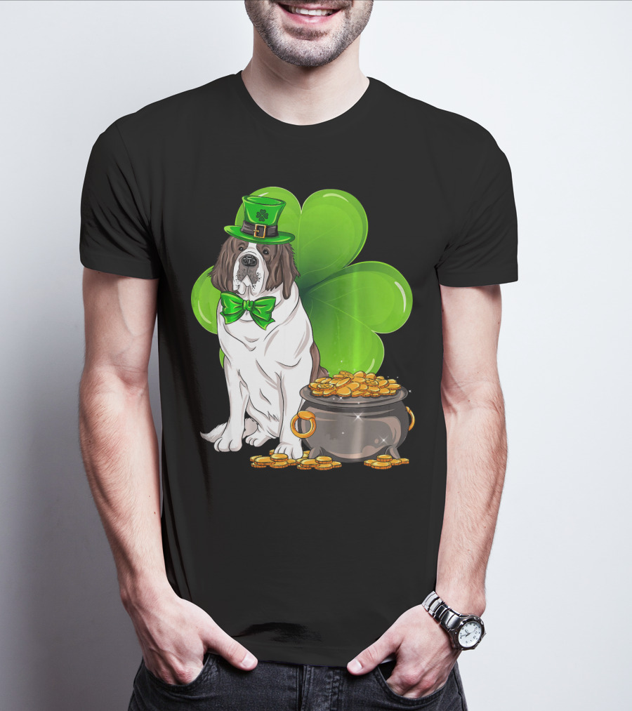 Saint Bernard Leprechaun St Patricks Day Pot Of Gold Clover T-Shirt