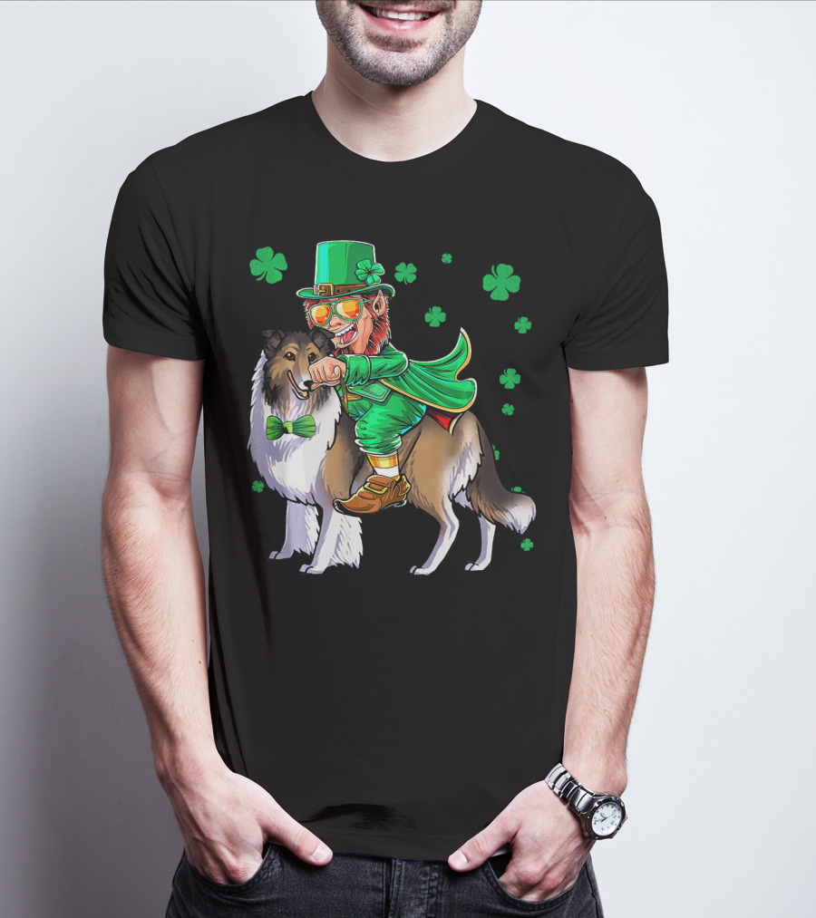 Leprechaun Riding Collie With Shamrocks For St. Patrick's Day T-Shirt