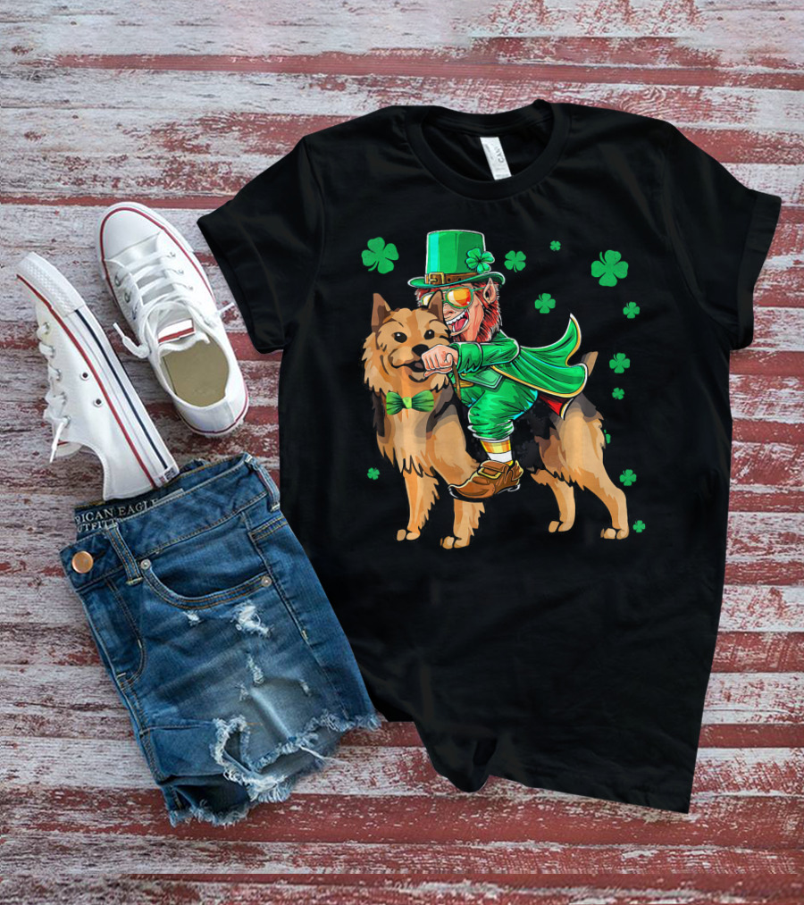 Leprechaun Riding Australian Terrier With Shamrocks T-Shirt