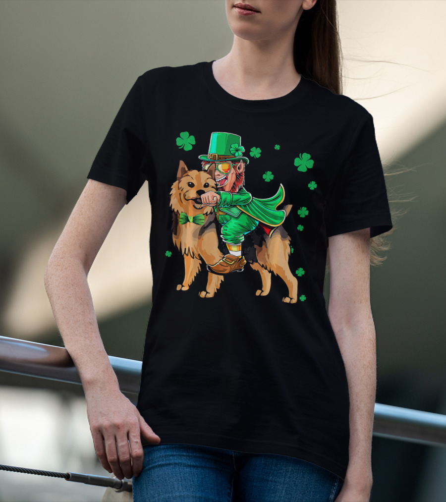 Leprechaun Riding Australian Terrier With Shamrocks T-Shirt
