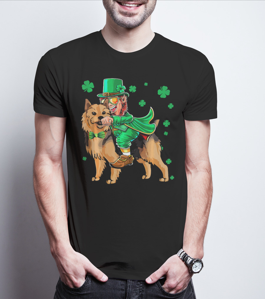 Leprechaun Riding Australian Terrier With Shamrocks T-Shirt