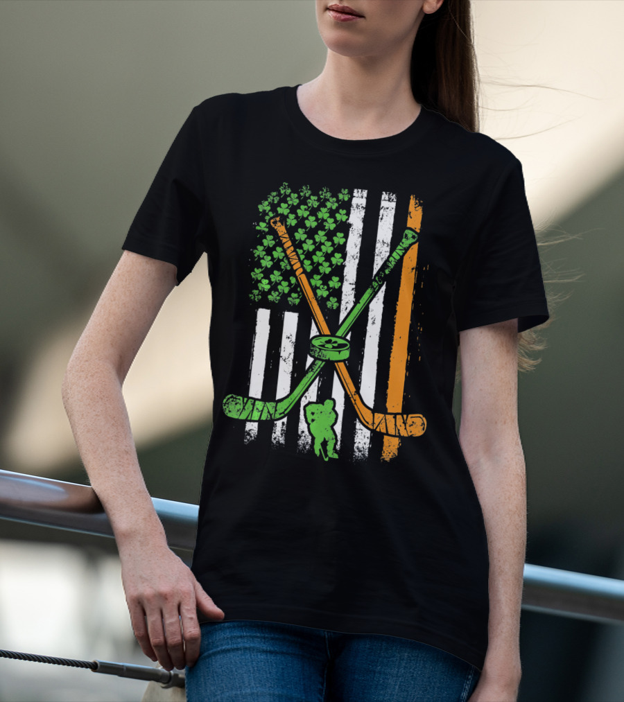 Irish American Flag Shamrock Hockey Sticks Player T-Shirt