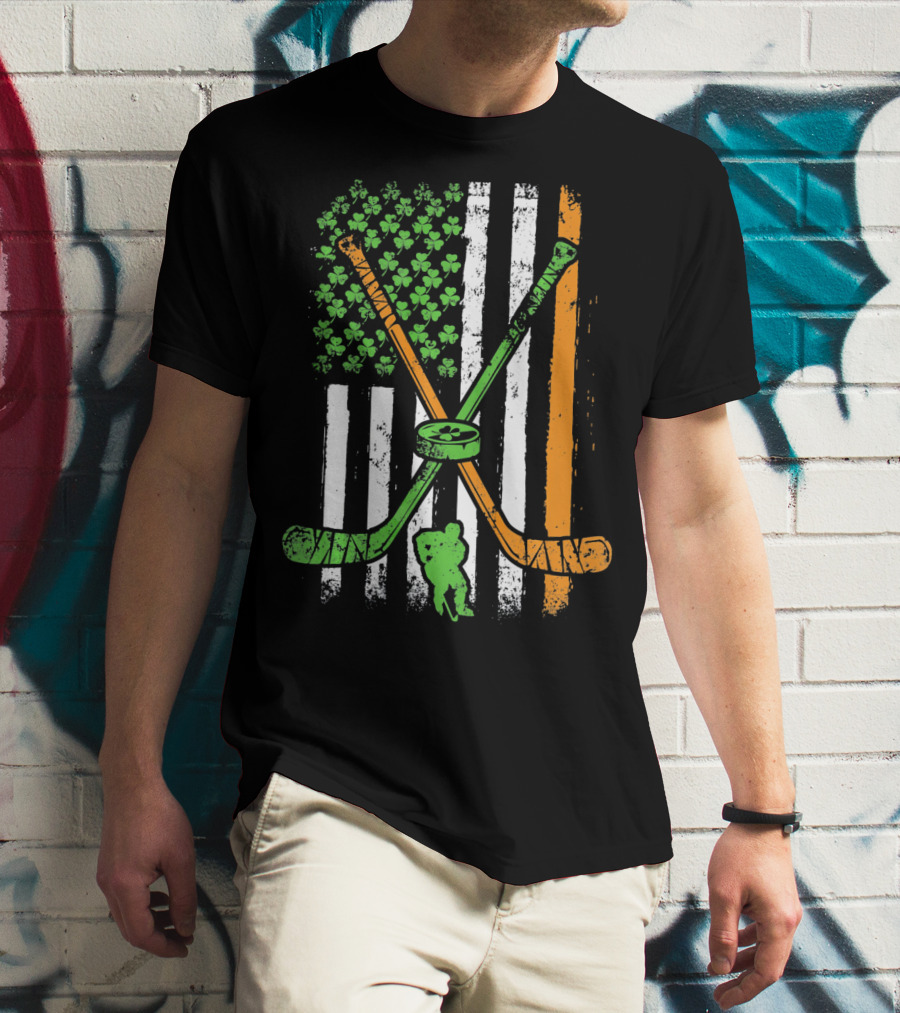 Irish American Flag Shamrock Hockey Sticks Player T-Shirt
