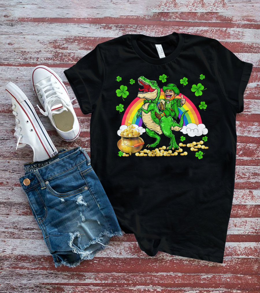Leprechaun Riding Dinosaur With Rainbow And Pot Of Gold T-Shirt