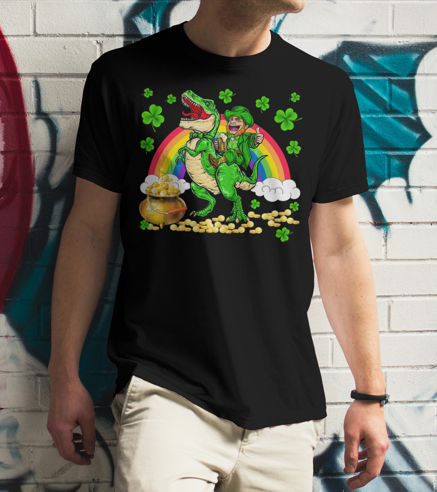 Leprechaun Riding Dinosaur With Rainbow And Pot Of Gold T-Shirt