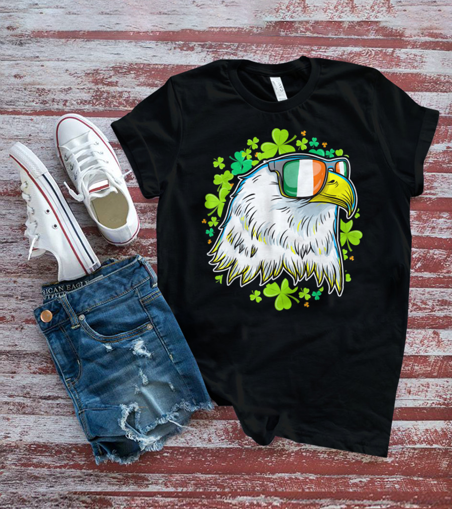 Mens Funny St Patricks Day Eagle Clover Sunglasses T-Shirt