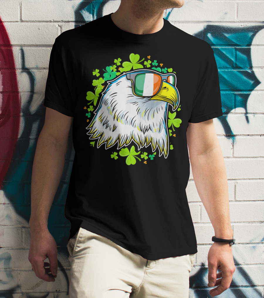 Mens Funny St Patricks Day Eagle Clover Sunglasses T-Shirt