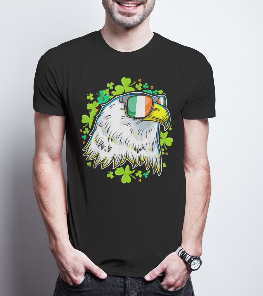 Mens Funny St Patricks Day Eagle Clover Sunglasses T-Shirt