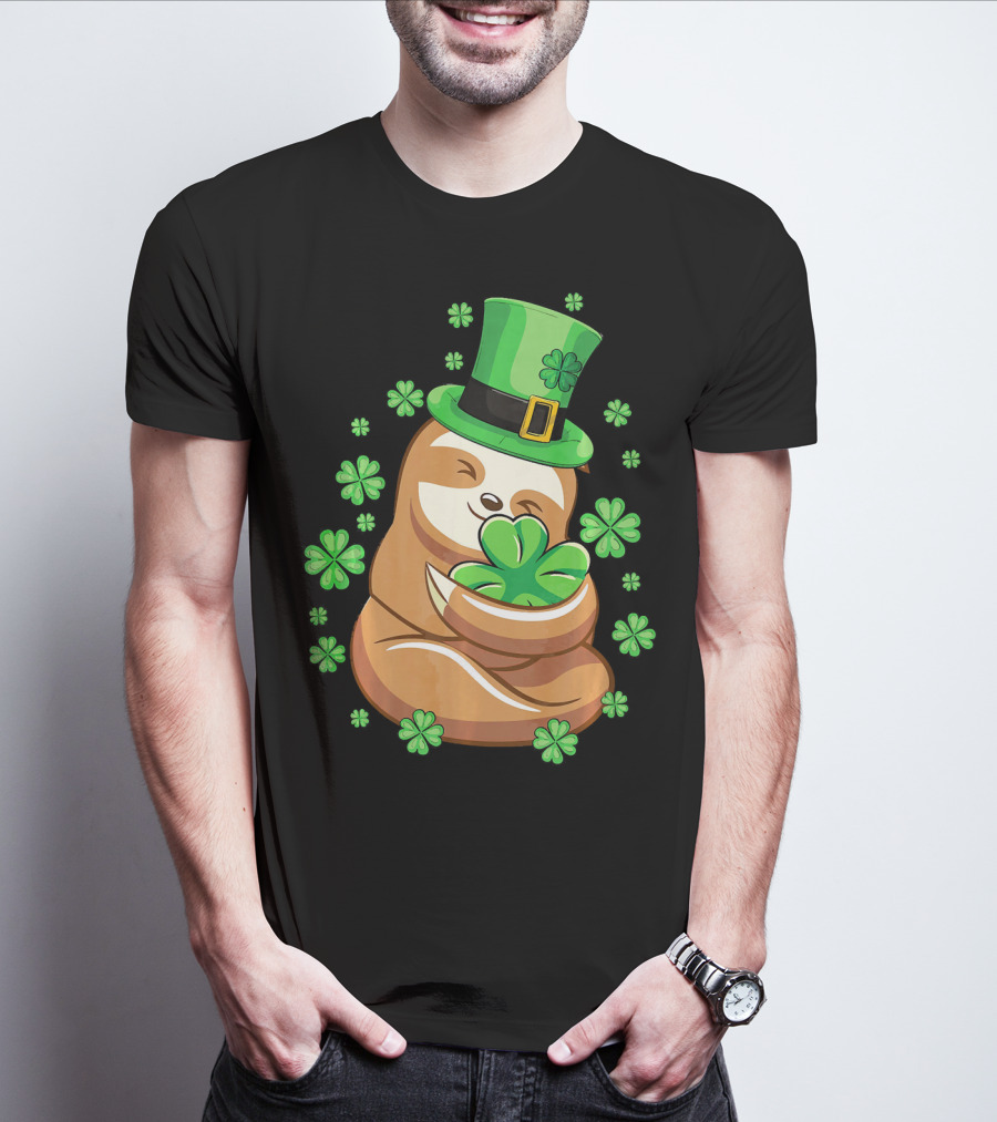 Lucky Sloth St Patricks Day Leprechaun With Shamrocks And Green Hat T-Shirt